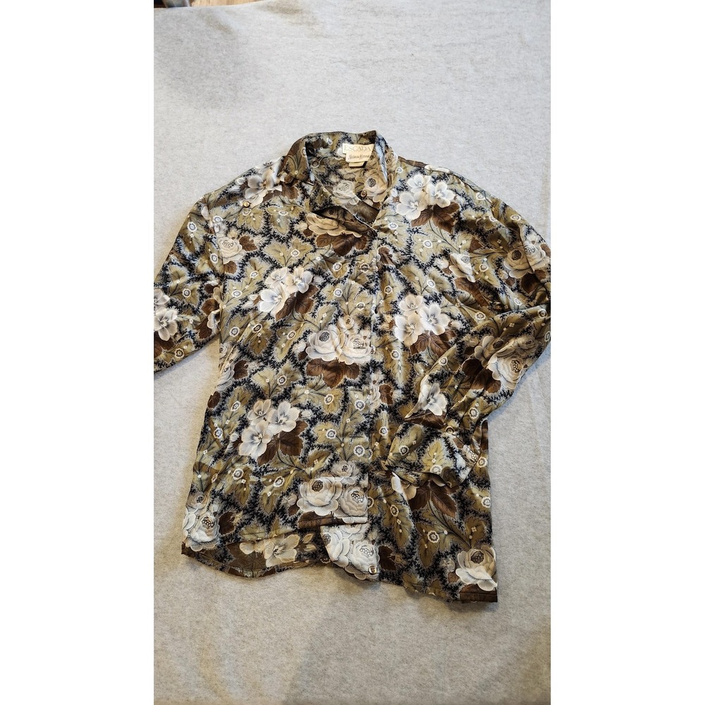 Vtg Escada Shirt s34 prints floral Brown Floral Silk Long Sleeve Button Up money